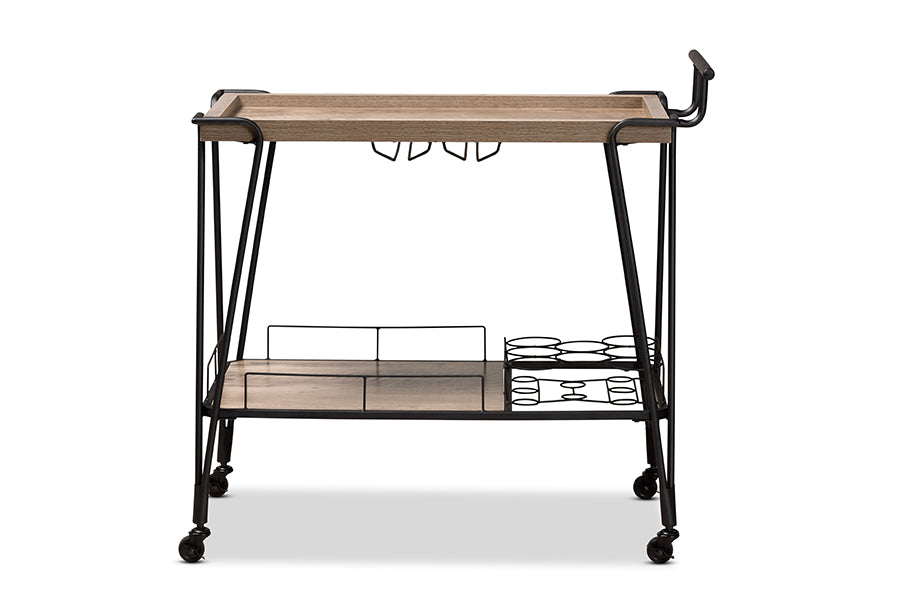 baxton studio perilla modern rustic and industrial oak brown finished wood and black finished metal 2 tier wine serving cart | Modish Furniture Store-3