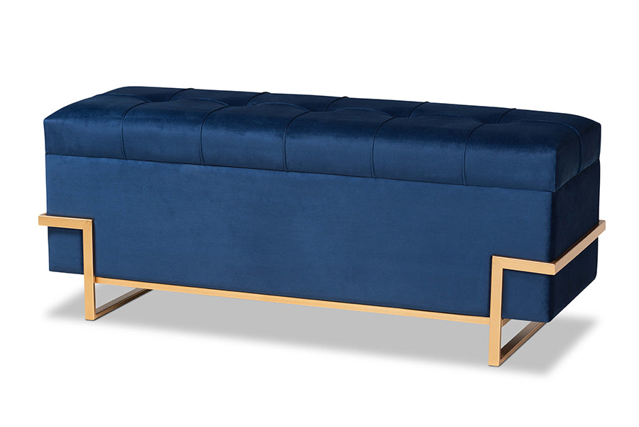 baxton studio parker glam and luxe navy blue velvet upholstered and gold metal finished storage ottoman | Modish Furniture Store-2