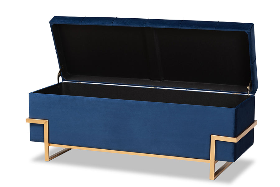 baxton studio parker glam and luxe navy blue velvet upholstered and gold metal finished storage ottoman | Modish Furniture Store-3