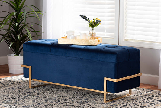 Baxton Studio Parker Glam and Luxe Navy Blue Velvet Upholstered and Gold Metal Finished Storage Ottoman | Modishstore | Ottomans