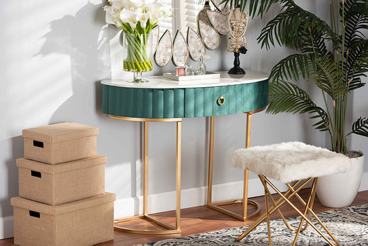 Baxton Studio Beale Luxe and Glam Green Velvet Upholstered and Brushed Gold Finished 1-Drawer Console Table with Faux Marble Tabletop | Modishstore | Console Tables