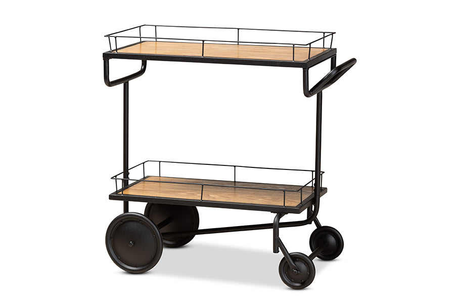 baxton studio potter modern rustic and industrial walnut brown finished wood and black finished metal 2 tier wine serving cart | Modish Furniture Store-2