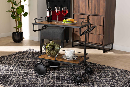 Baxton Studio Potter Modern Rustic and Industrial Walnut Brown Finished Wood and Black Finished Metal 2-Tier Wine Serving Cart | Modishstore | Bar Carts