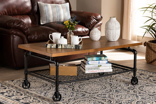 Baxton Studio Tamara Vintage Rustic Industrial Walnut Brown Finished Wood and Black Finished Metal Wheeled Coffee Table | Modishstore | Coffee Tables