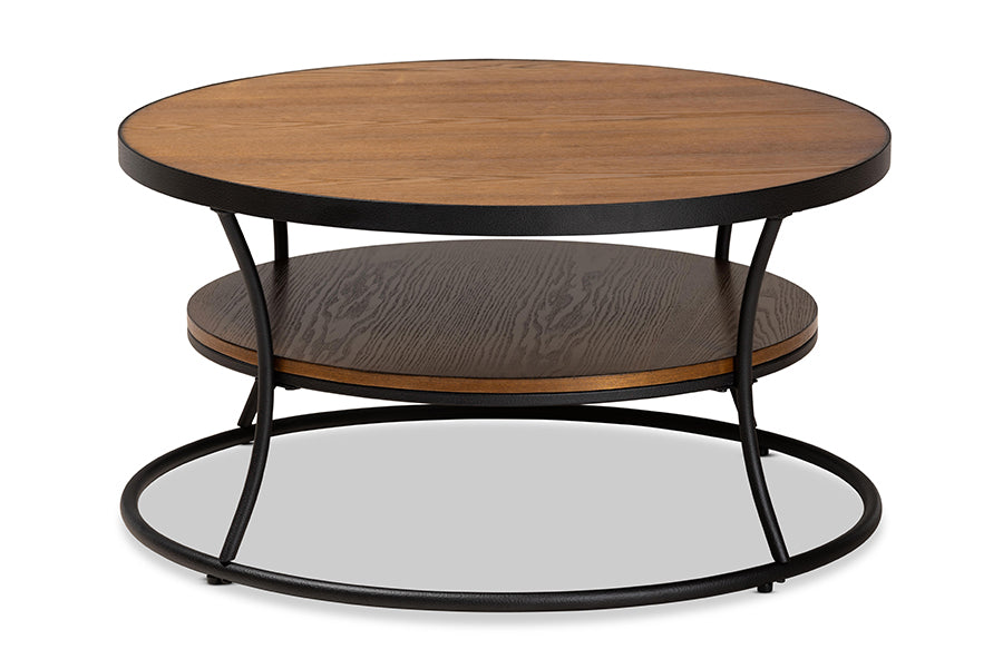 baxton studio albany vintage rustic industrial walnut brown finished wood and black finished metal 1 shelf coffee table | Modish Furniture Store-3