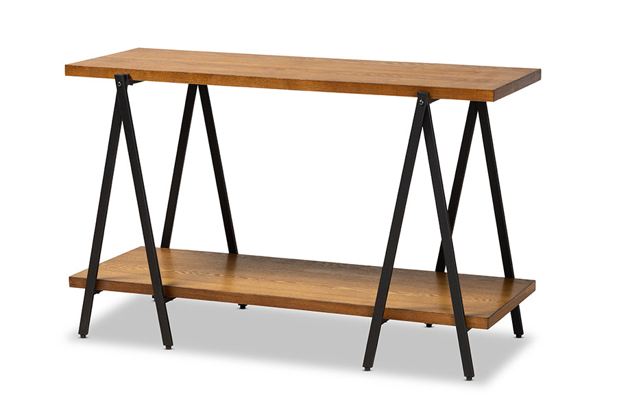 baxton studio britton rustic industrial walnut finished wood and black finished metal console table | Modish Furniture Store-2