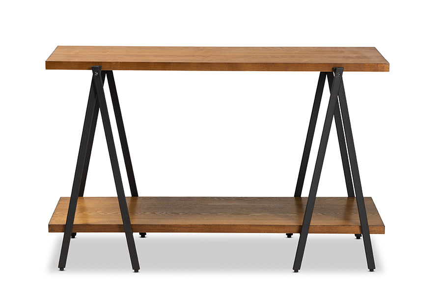baxton studio britton rustic industrial walnut finished wood and black finished metal console table | Modish Furniture Store-3