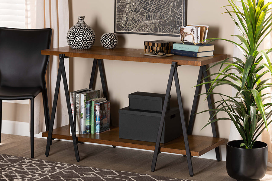 Baxton Studio Britton Rustic Industrial Walnut Finished Wood and Black Finished Metal Console Table | Modishstore | Console Tables
