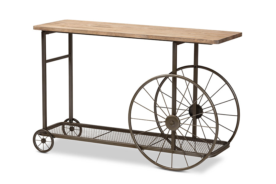 baxton studio terence vintage rustic industrial natural finished wood and black finished metal wheeled console table | Modish Furniture Store-2