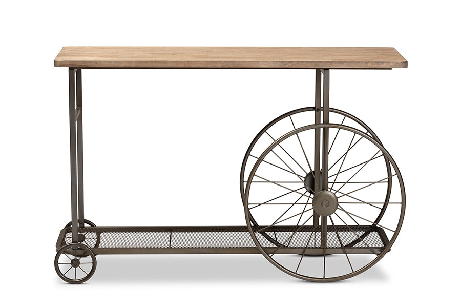 baxton studio terence vintage rustic industrial natural finished wood and black finished metal wheeled console table | Modish Furniture Store-3
