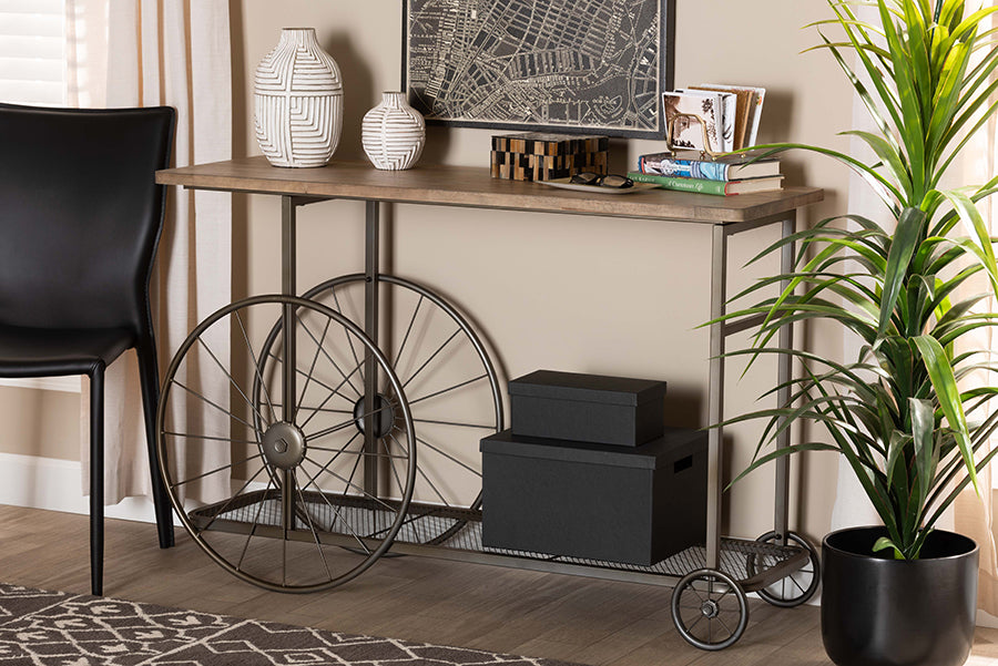 Baxton Studio Terence Vintage Rustic Industrial Natural Finished Wood and Black Finished Metal Wheeled Console Table | Modishstore | Console Tables