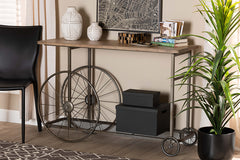 Baxton Studio Terence Vintage Rustic Industrial Natural Finished Wood and Black Finished Metal Wheeled Console Table