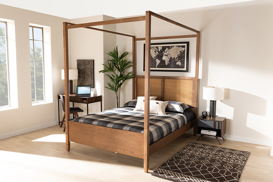 Baxton Studio Malia Modern and Contemporary Walnut Brown Finished Wood and Synthetic Rattan Queen Size Canopy Bed | Beds | Modishstore - 2