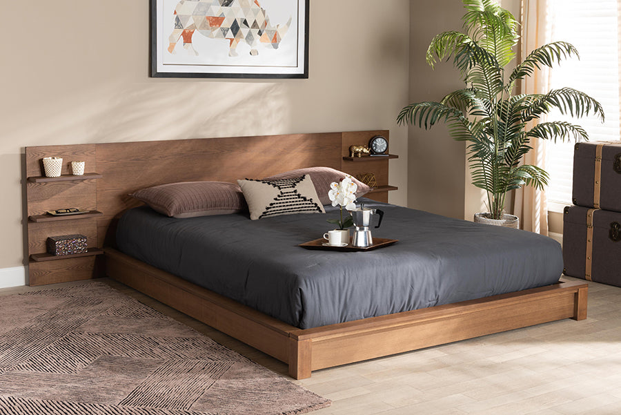 baxton studio elina modern and contemporary walnut brown finished wood king size platform storage bed with shelves | Modish Furniture Store-2