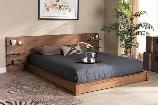 Baxton Studio Elina Modern and Contemporary Walnut Brown Finished Wood King Size Platform Storage Bed with Shelves | Modishstore | Beds