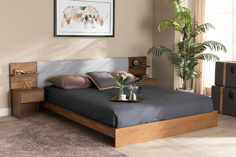 baxton studio sami modern and contemporary light grey fabric upholstered and walnut brown finished wood queen size platform storage bed with built in nightstands | Modish Furniture Store-2