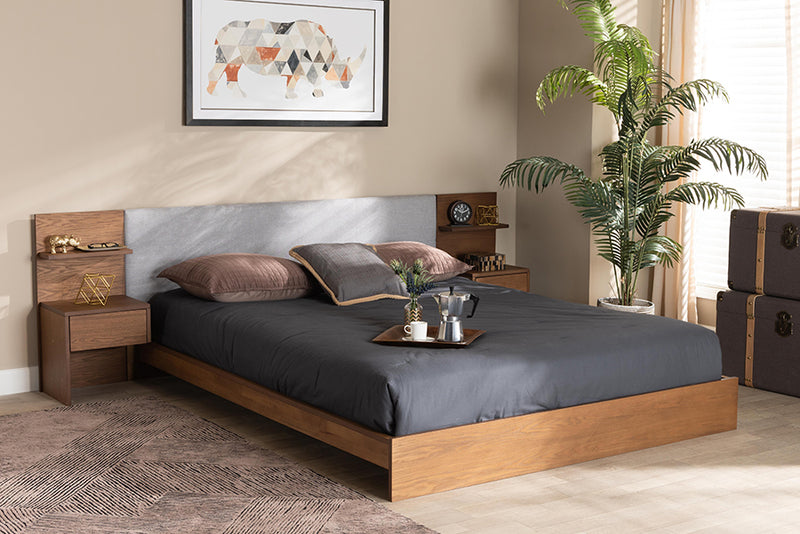 Baxton Studio Sami Modern and Contemporary Light Grey Fabric Upholstered and Walnut Brown Finished Wood Queen Size Platform Storage Bed with Built-In Nightstands | Modishstore | Beds