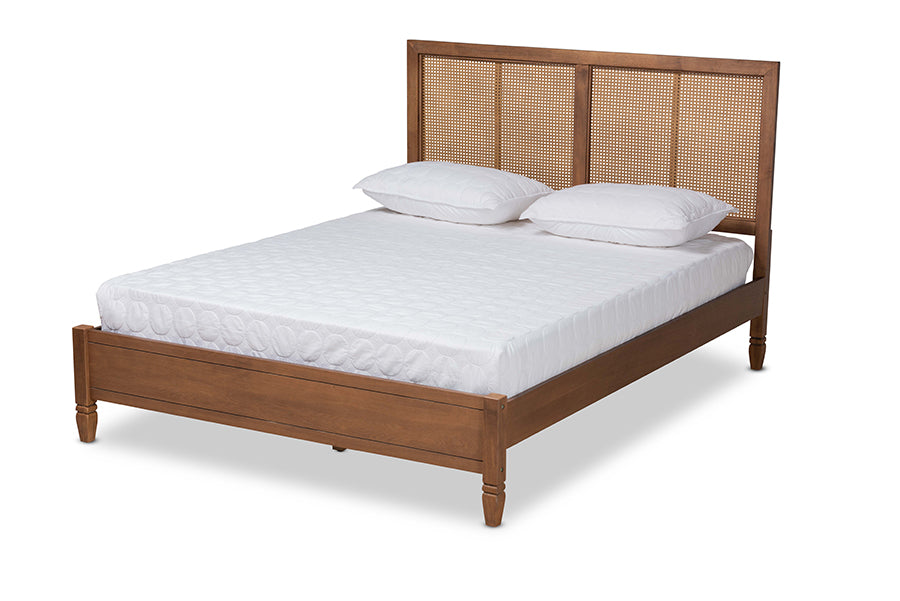 Baxton Studio Redmond Mid-Century Modern Walnut Brown Finished Wood and Synthetic Rattan Full Size Platform Bed | Beds | Modishstore - 4