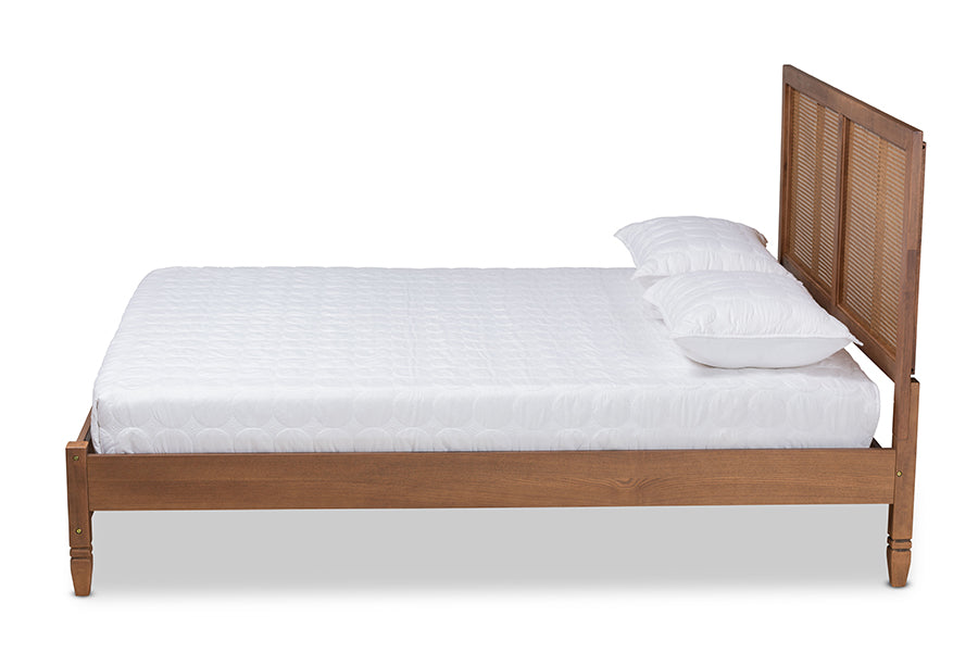 Baxton Studio Redmond Mid-Century Modern Walnut Brown Finished Wood and Synthetic Rattan Queen Size Platform Bed | Beds | Modishstore - 2