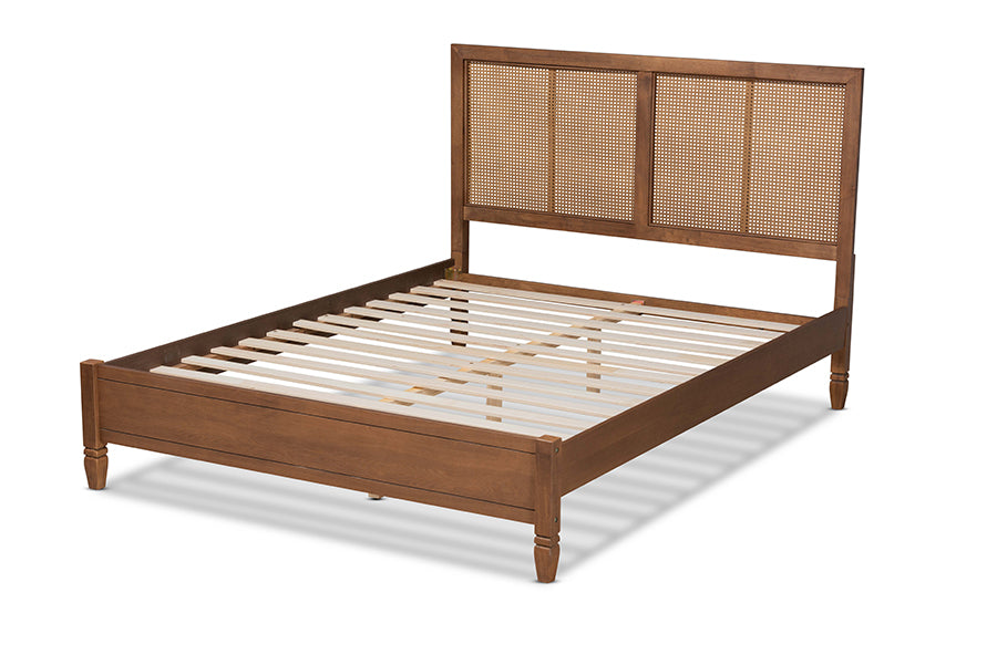 Baxton Studio Redmond Mid-Century Modern Walnut Brown Finished Wood and Synthetic Rattan Queen Size Platform Bed | Beds | Modishstore - 5