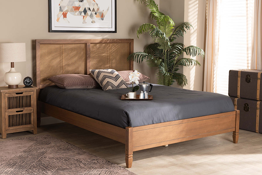 baxton studio redmond mid century modern walnut brown finished wood and synthetic rattan king size platform bed | Modish Furniture Store-2