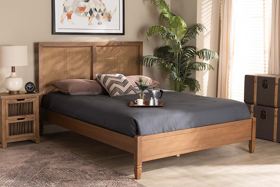 baxton studio redmond mid century modern walnut brown finished wood and synthetic rattan king size platform bed | Modish Furniture Store-3