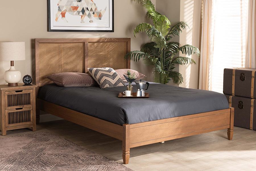 Baxton Studio Redmond Mid-Century Modern Walnut Brown Finished Wood and Synthetic Rattan Queen Size Platform Bed | Beds | Modishstore