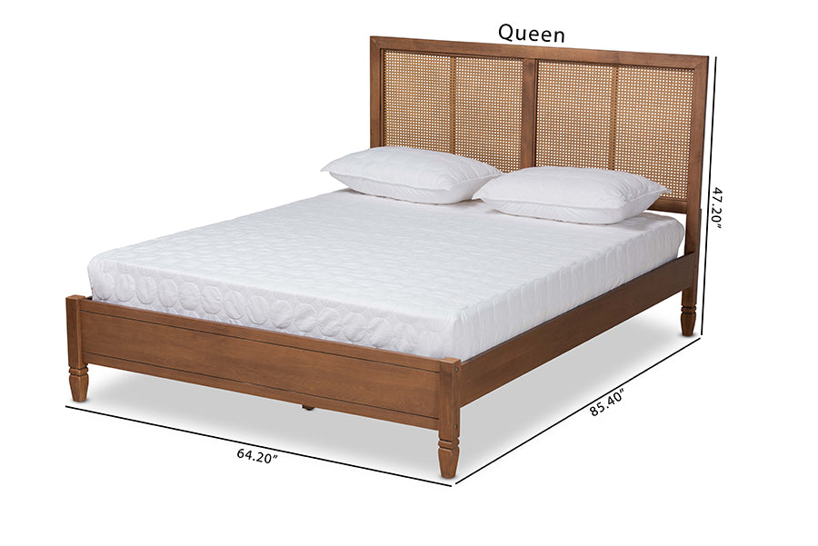 Baxton Studio Redmond Mid-Century Modern Walnut Brown Finished Wood and Synthetic Rattan Queen Size Platform Bed | Beds | Modishstore - 4