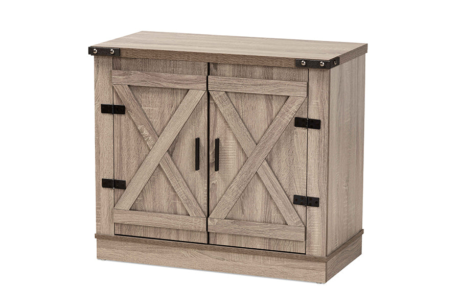 baxton studio wayne modern contemporary farmhouse oak brown finished wood 2 door shoe storage cabinet | Modish Furniture Store-2