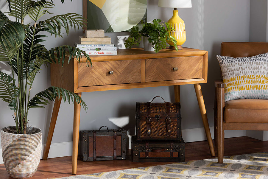 Baxton Studio Mae Mid-Century Modern Natural Brown Finished Wood 2-Drawer Console Table | Console Tables | Modishstore - 2