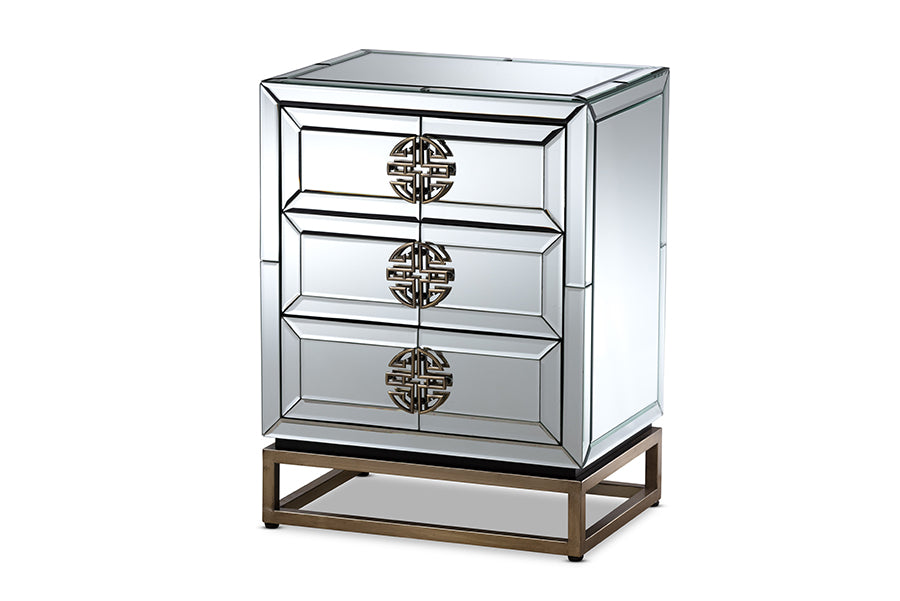 baxton studio laken contemporary glam and luxe mirrored and antique bronze finished 3 drawer nightstand | Modish Furniture Store-2