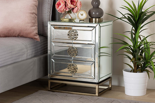 Baxton Studio Laken Contemporary Glam and Luxe Mirrored and Antique Bronze Finished 3-Drawer Nightstand | Modishstore | Nightstands