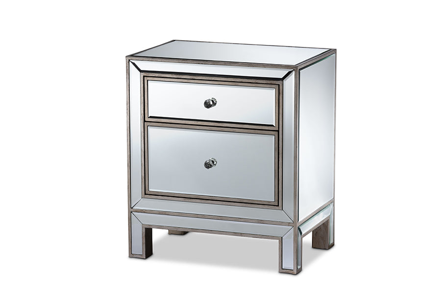 baxton studio fadri contemporary glam and luxe mirrored 2 drawer nightstand | Modish Furniture Store-2