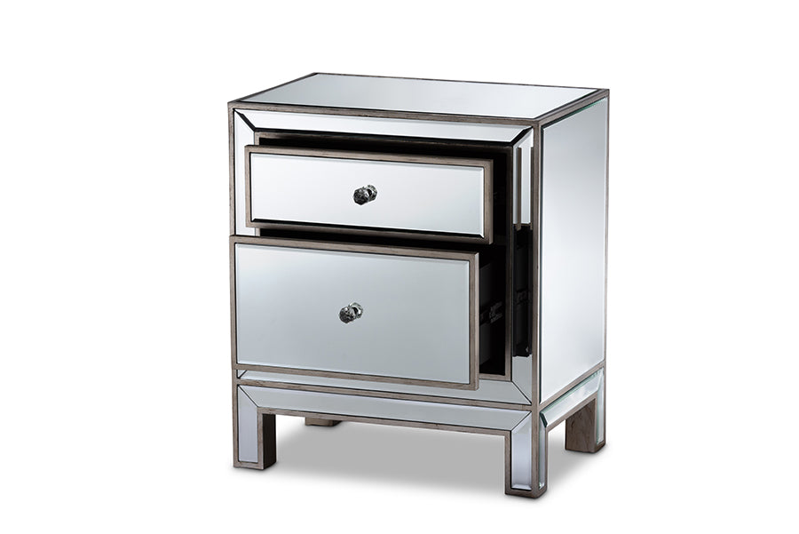 baxton studio fadri contemporary glam and luxe mirrored 2 drawer nightstand | Modish Furniture Store-3
