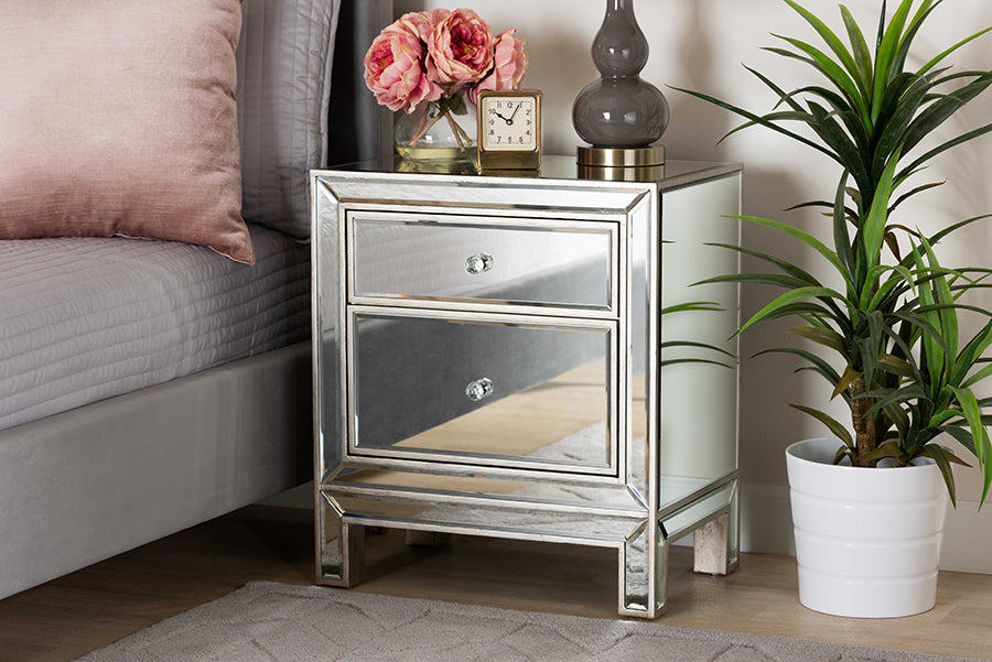 Baxton Studio Fadri Contemporary Glam and Luxe Mirrored 2-Drawer Nightstand | Modishstore | Nightstands