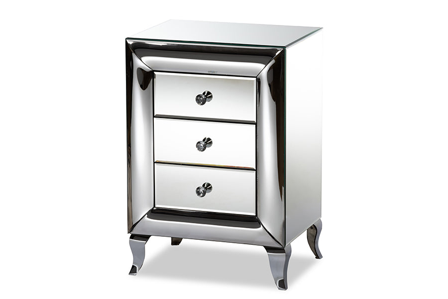 baxton studio pauline contemporary glam and luxe mirrored 3 drawer nightstand | Modish Furniture Store-2