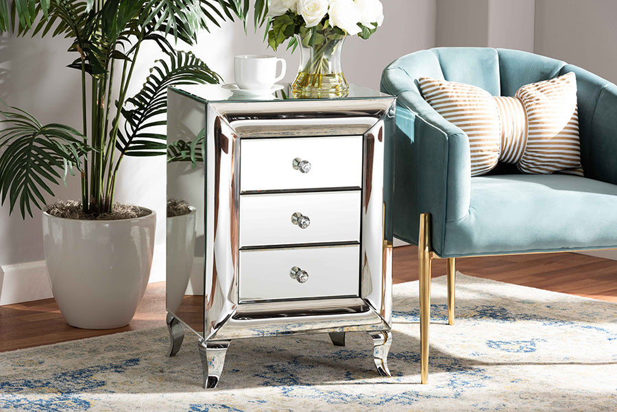 Baxton Studio Pauline Contemporary Glam and Luxe Mirrored 3-Drawer Nightstand | Modishstore | Nightstands