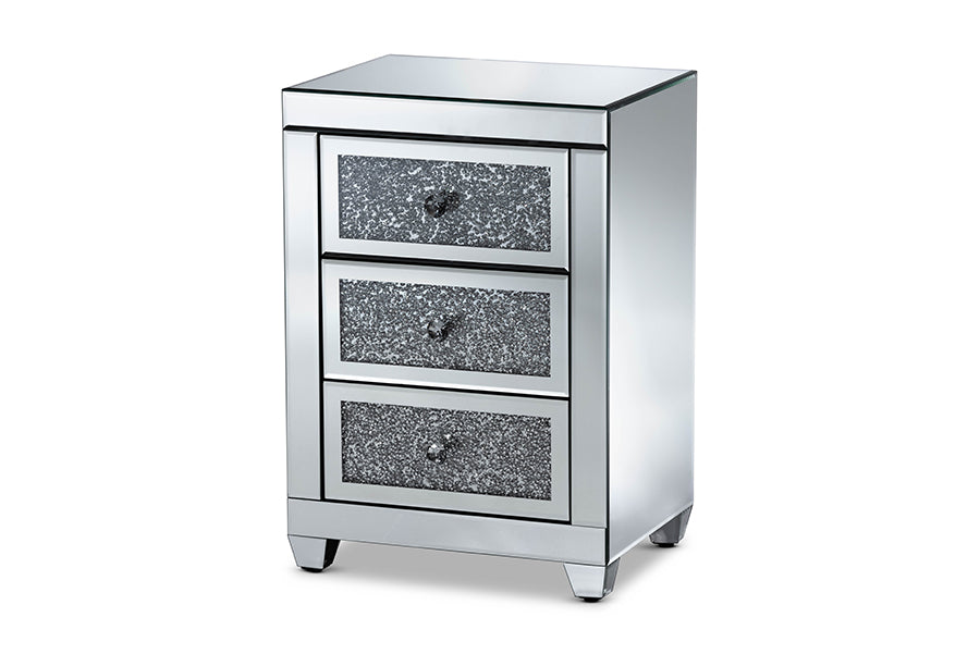 baxton studio ralston contemporary glam and luxe mirrored 3 drawer nightstand | Modish Furniture Store-2