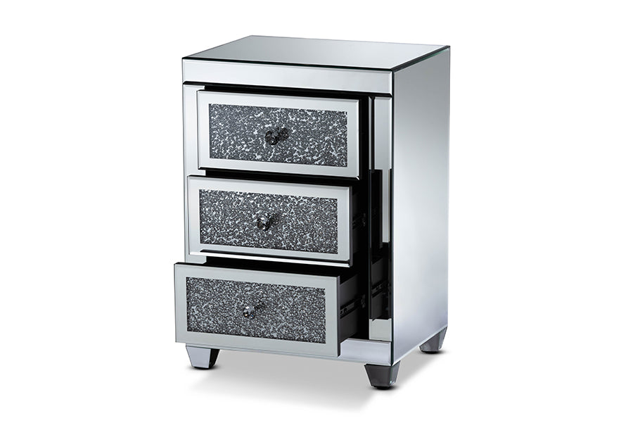 baxton studio ralston contemporary glam and luxe mirrored 3 drawer nightstand | Modish Furniture Store-3
