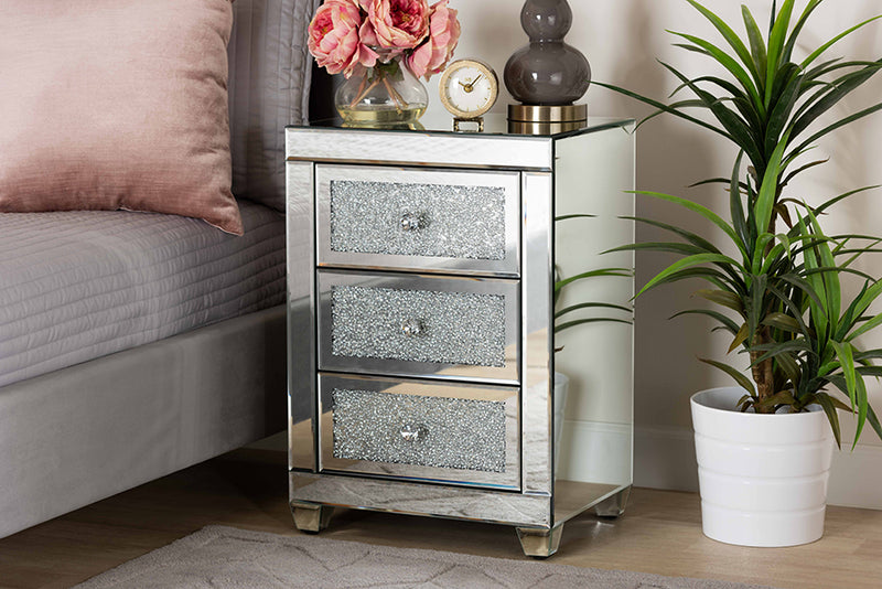 Baxton Studio Ralston Contemporary Glam and Luxe Mirrored 3-Drawer Nightstand | Modishstore | Nightstands