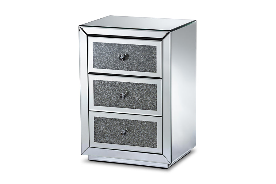 baxton studio talan contemporary glam and luxe mirrored 3 drawer nightstand | Modish Furniture Store-2