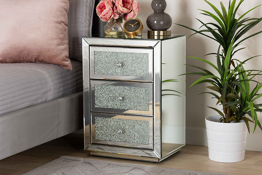 Baxton Studio Talan Contemporary Glam and Luxe Mirrored 3-Drawer Nightstand | Modishstore | Nightstands
