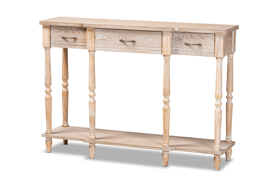 baxton studio hallan classic and traditional french provincial rustic whitewashed oak brown finished wood 3 drawer console table | Modish Furniture Store-2