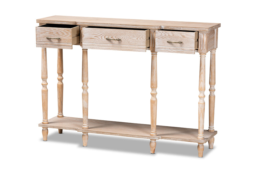 baxton studio hallan classic and traditional french provincial rustic whitewashed oak brown finished wood 3 drawer console table | Modish Furniture Store-3