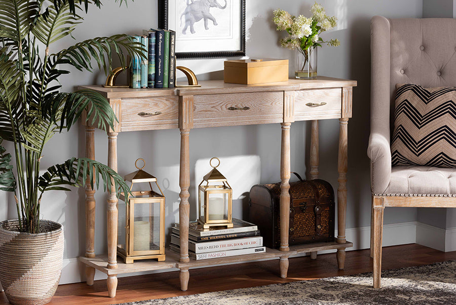 Baxton Studio Hallan Classic and Traditional French Provincial Rustic Whitewashed Oak Brown Finished Wood 3-Drawer Console Table | Modishstore | Console Tables