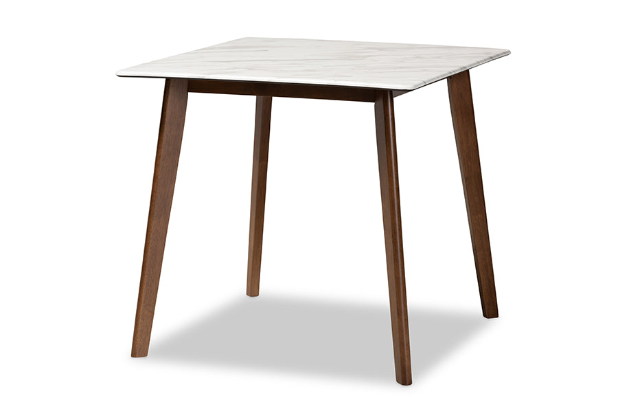 baxton studio kaylee mid century modern transitional walnut brown finished wood dining table with faux marble tabletop | Modish Furniture Store-2