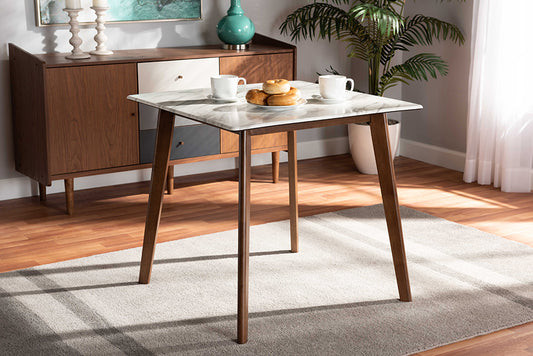 Baxton Studio Kaylee Mid-Century Modern Transitional Walnut Brown Finished Wood Dining Table with Faux Marble Tabletop | Modishstore | Dining Tables