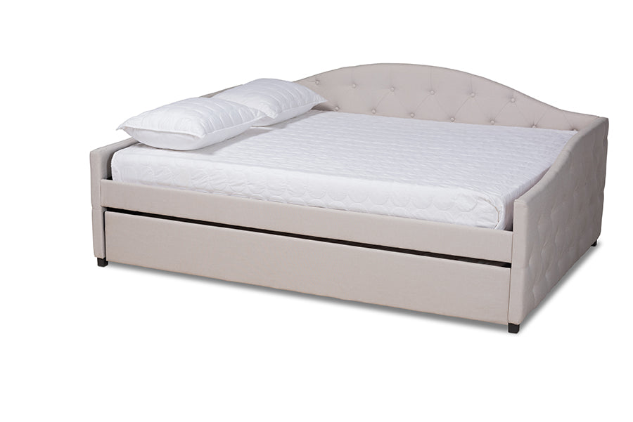 baxton studio becker modern and contemporary transitional beige fabric upholstered queen size daybed with trundle | Modish Furniture Store-2