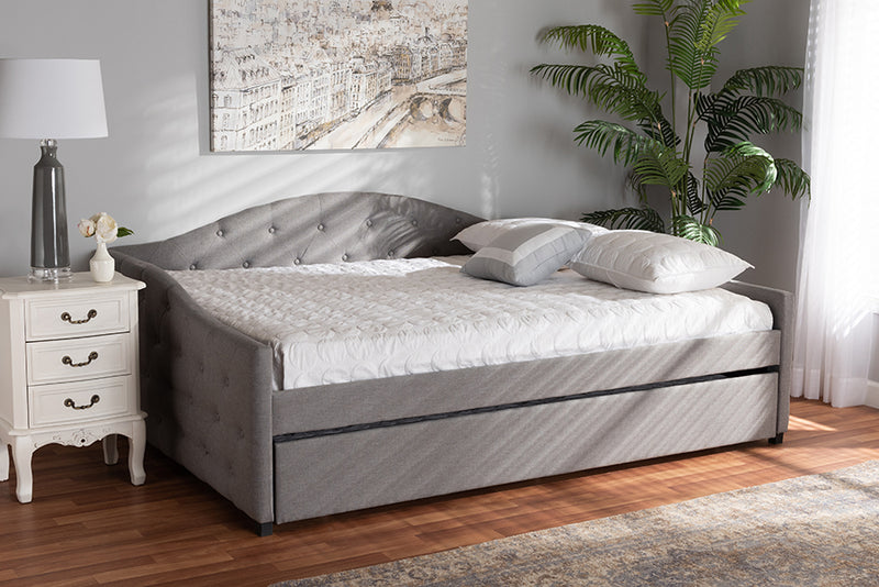 Baxton Studio Becker Modern and Contemporary Transitional Grey Fabric Upholstered Queen Size Daybed with Trundle | Daybeds | Modishstore