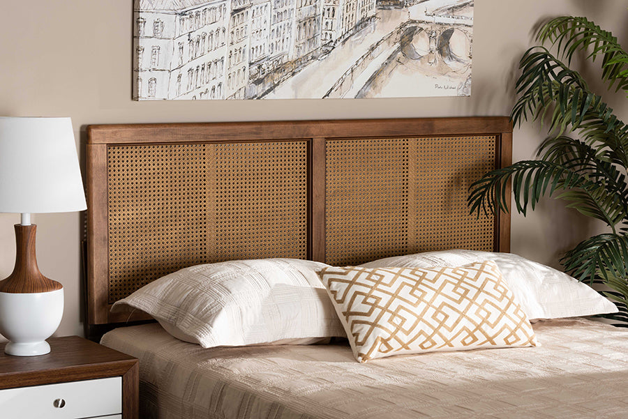 Baxton Studio Gilbert Mid-Century Modern Ash Walnut Finished Wood and Synthetic Rattan Full Size Headboard | Headboards | Modishstore - 2